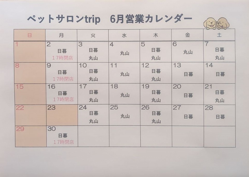 ペットサロンtrip　6月営業カレンダー